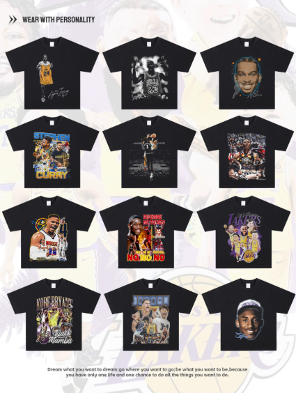 American heavy-weight NBA star printed T-shirt, Irving, Morant, Curry, James, Kobe, Rose, pure cotton short-sleeved men's.（260g）
