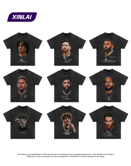 Cristiano Ronaldo, Lionel Messi - Three Goals - Classic Retro Heavy Cotton Washed Short-Sleeved Basketball T-shirt with Small Collar - Trendy Brand