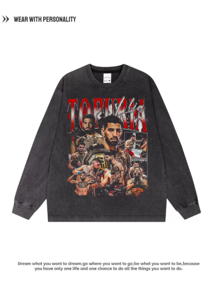 Bullfighter Topuria has a casual sports fitness design with a small collar, distressed finish, heavy weight, and pure cotton long sleeves.