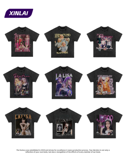 Blackpink short-sleeved cotton T-shirt in American style, loose fit, from a Korean girl group, with a heavy-duty small neckline.