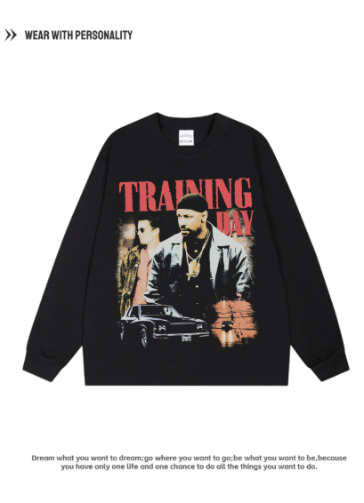 Homage Tees Training Day - Populated Movie and TV Accessories - Heavy-duty Flared Loose Sleeve with Small Collar and Retro Long Sleeve Design