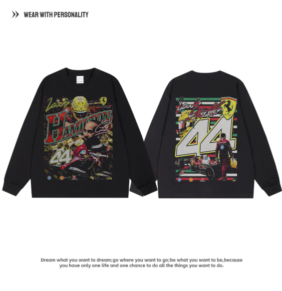 Lewis Hamilton - F1 Racing Driver Portrait Printed American Style Unisex Double-Sided Long-Sleeved T-Shirt