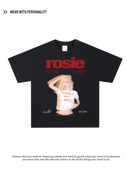 Park Chae-young ROSE American trendy brand heavyweight loose-fitting versatile pure cotton portrait print breathable  short sleeve T-shirt
