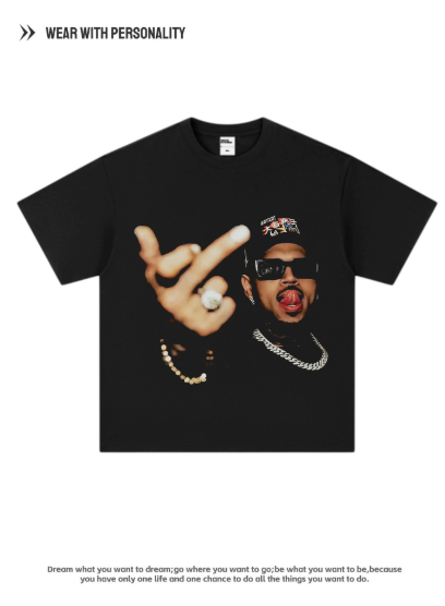 Chris Brown's Vintage Middle Finger T-shirt - 100% cotton heavyweight oversized American-style short-sleeved with printed design on the neckline