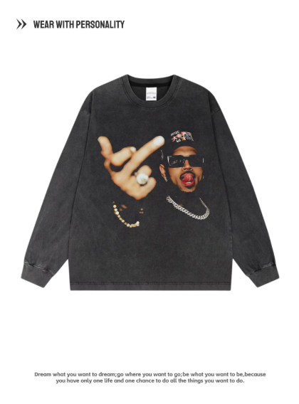 Chris Brown Middle Finger Vintage Heavyweight Pure Cotton Oversized American Style Short-Necked Printed Long-Sleeved Shirt