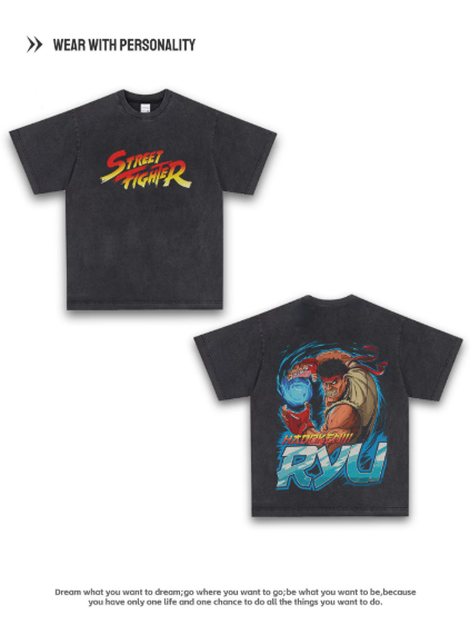 American retro street fighter Ryu fighting boxing print double-sided pure cotton loose vintage short sleeve T-shirt for men and women