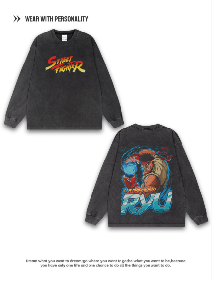 American Retro Street Fighter Longinus - Printed Cotton Double-Sided Loose Long Sleeve for Men and Women (Weathered Finish)