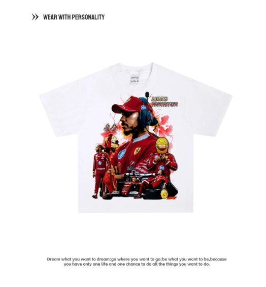 F1 Racing Ferrari Hamilton Print Short-Sleeved T-Shirt - Men's and Women's款式， Loose Fit, Trendy， 100% Cotton， American Retro Design