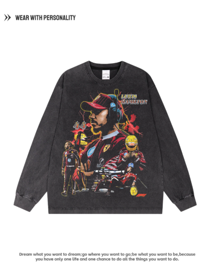 F1 Racing Car Ferrari Hamilton Print Long-Sleeved Men's and Women's Matching Loose Trendy Pure Cotton American Retro Style