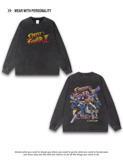 Street Fighter Spring Li Long VTG American Street Vintage Pure Cotton Breathable Digital Print Long Sleeve