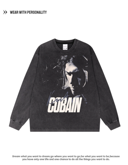 Nirvana Coburn American Retro Pure Cotton Breathable Long-Sleeved Loose Digital Direct Printing Heavyweight Hooded Sweatshirt