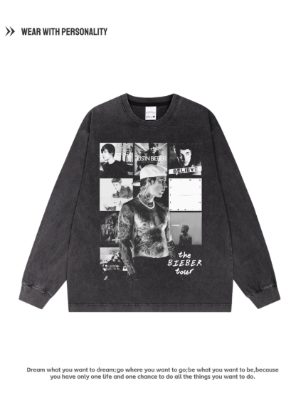 Justin Bieber American Retro Pure Cotton Breathable Long-Sleeved Loose Fall/Winter Heavyweight Shirt Hooded Sweatshirt