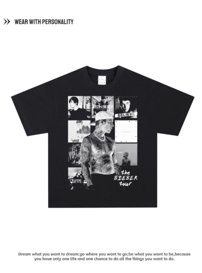 Justin Bieber American Retro Cotton Breathable Loose-Fitting Short Sleeve Shirt