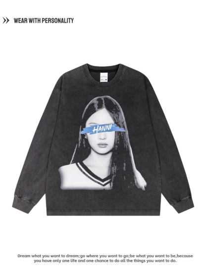 NewJeans Girls' Group Related Products - Retro-Style Antique-Textured American Long-Sleeved Pure Cotton Breathable Heavyweight Round-Neck Hooded Sweatshirt