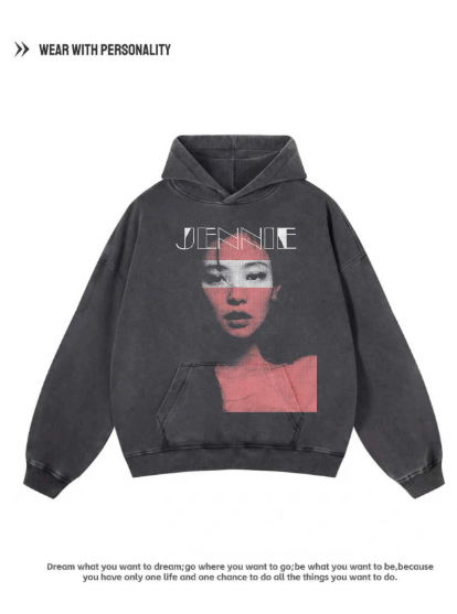 BLACKPINK Digital Direct-Injection American Pure Cotton Breathable Hooded Sweatshirt for Girls - Floral Print - Retro Style - Loose Fit - Long Sleeve