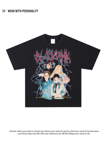 BLACKPINK Digital Direct-Injection American Pure Cotton Breathable Female Group Print Retro Loose Short Sleeve