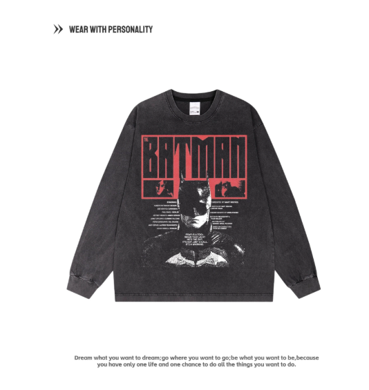 Batman Washed American Retro Pure Cotton Breathable Long-Sleeved Loose Digital Direct Printing Shirt Trendy Hooded Sweatshirt