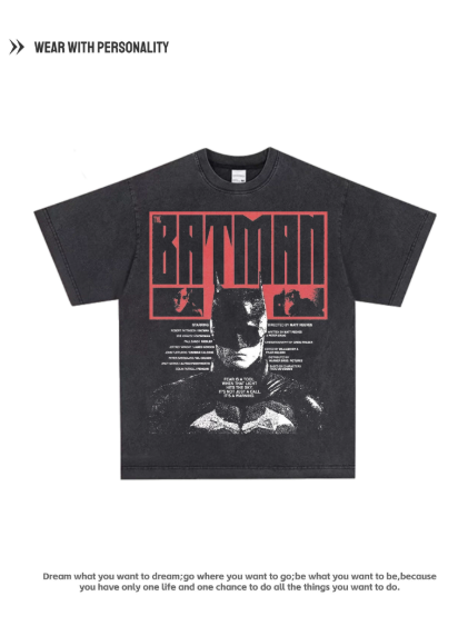 Batman Washed American Vintage Pure Cotton Breathable Loose-Fitting Digital Direct Printing Short Sleeve Shirt