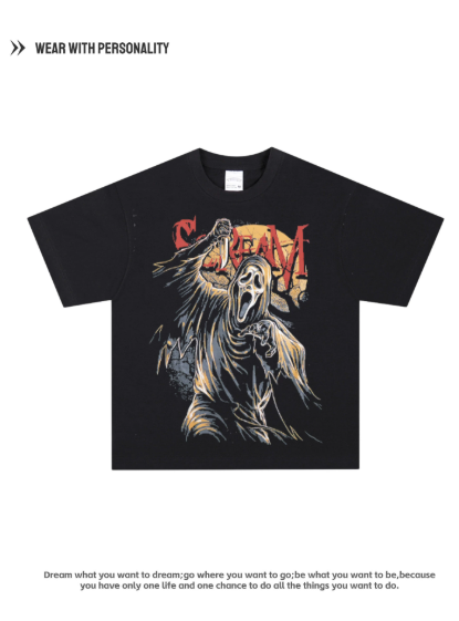 Halloween terrifying scream ghost face mask hooded hoodie made of thick American pure cotton distressed short sleeve shirt