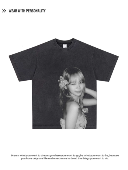 LE SSERAFIM Surrounding T-Shirt Girls' American High Street Short Sleeve Heavyweight Pure Cotton Breathable Retro Loose Fit