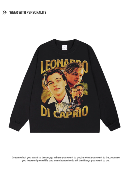 Leonardo Leonardo - Little Leo - Movie star - American street retro distressed artistic long-sleeved shirt
