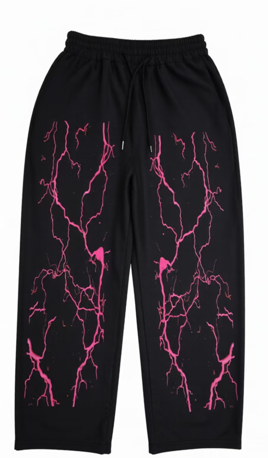 Black & Pink Lightning Print Wide-Leg Sweatpants | Streetwear Casual Pants