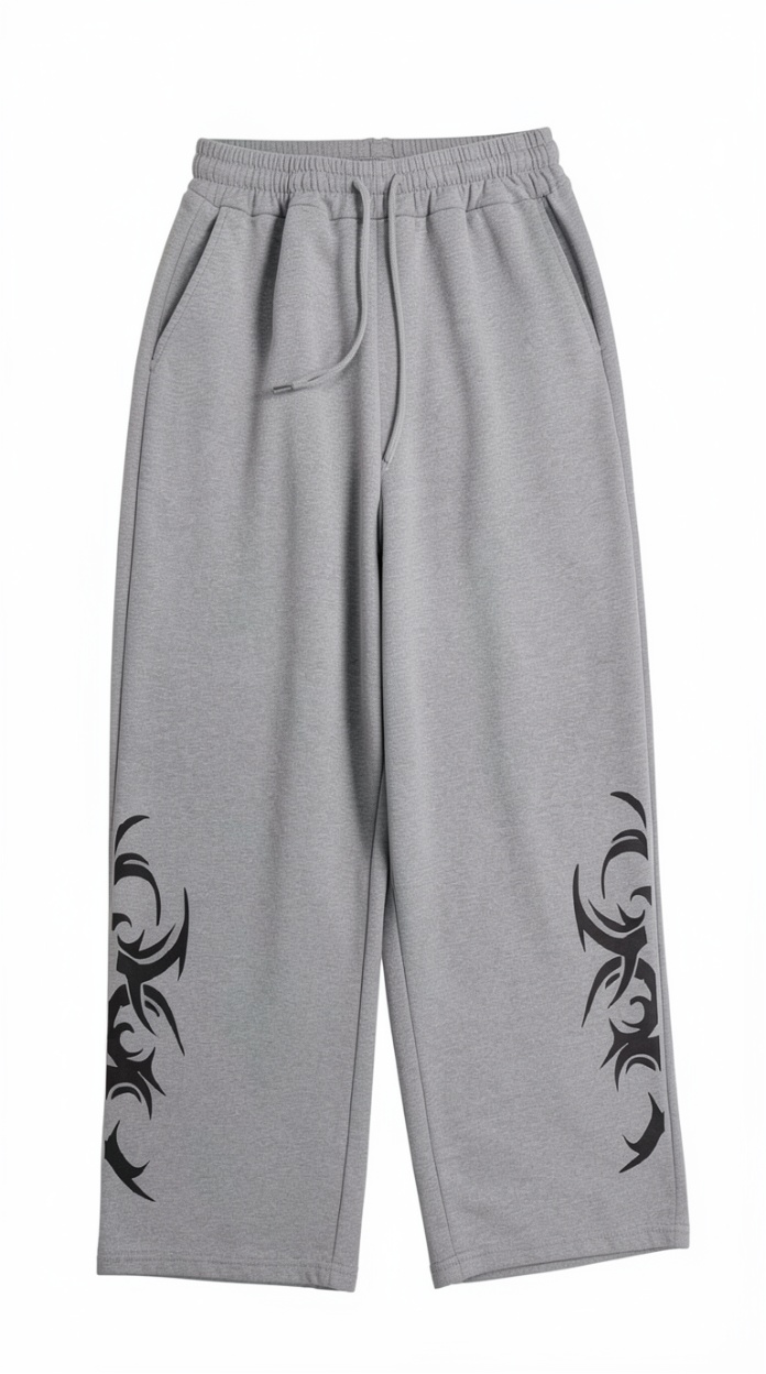 Grey Tribal Tattoo Print Wide-Leg Sweatpants | Streetwear Casual Pants