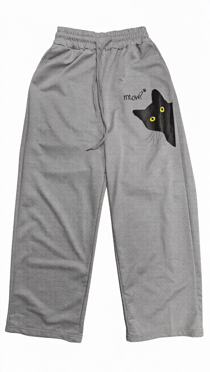 Grey Sweatpants with Black Cat Print | Casual Wide-Leg Lounge Pants
