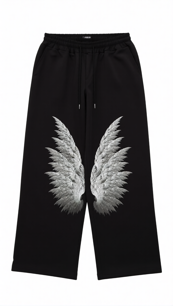 Black Sweatpants with White Angel Wings Print | Streetwear Wide-Leg Trousers
