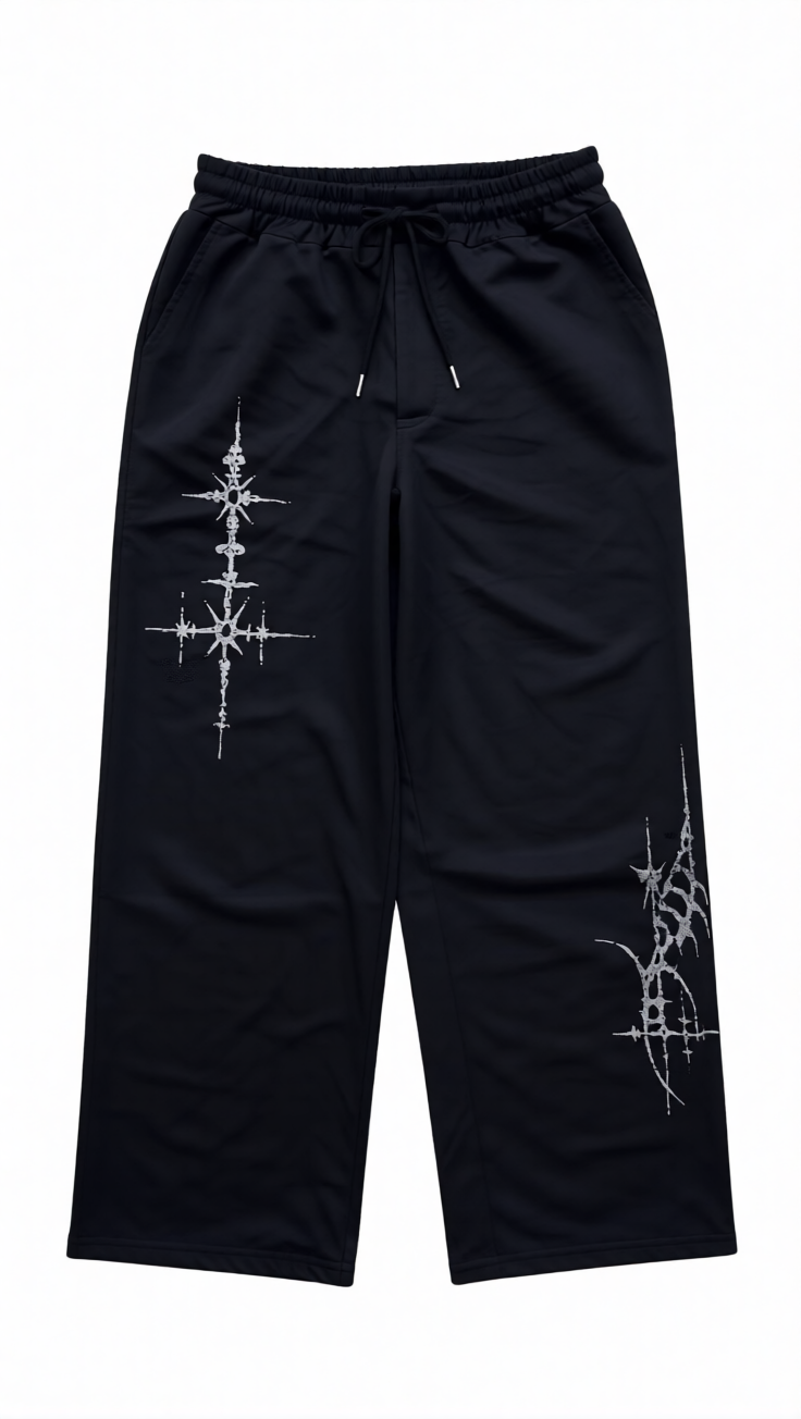 Black Streetwear Sweatpants with Cross Star Print | Wide-Leg Casual Trousers