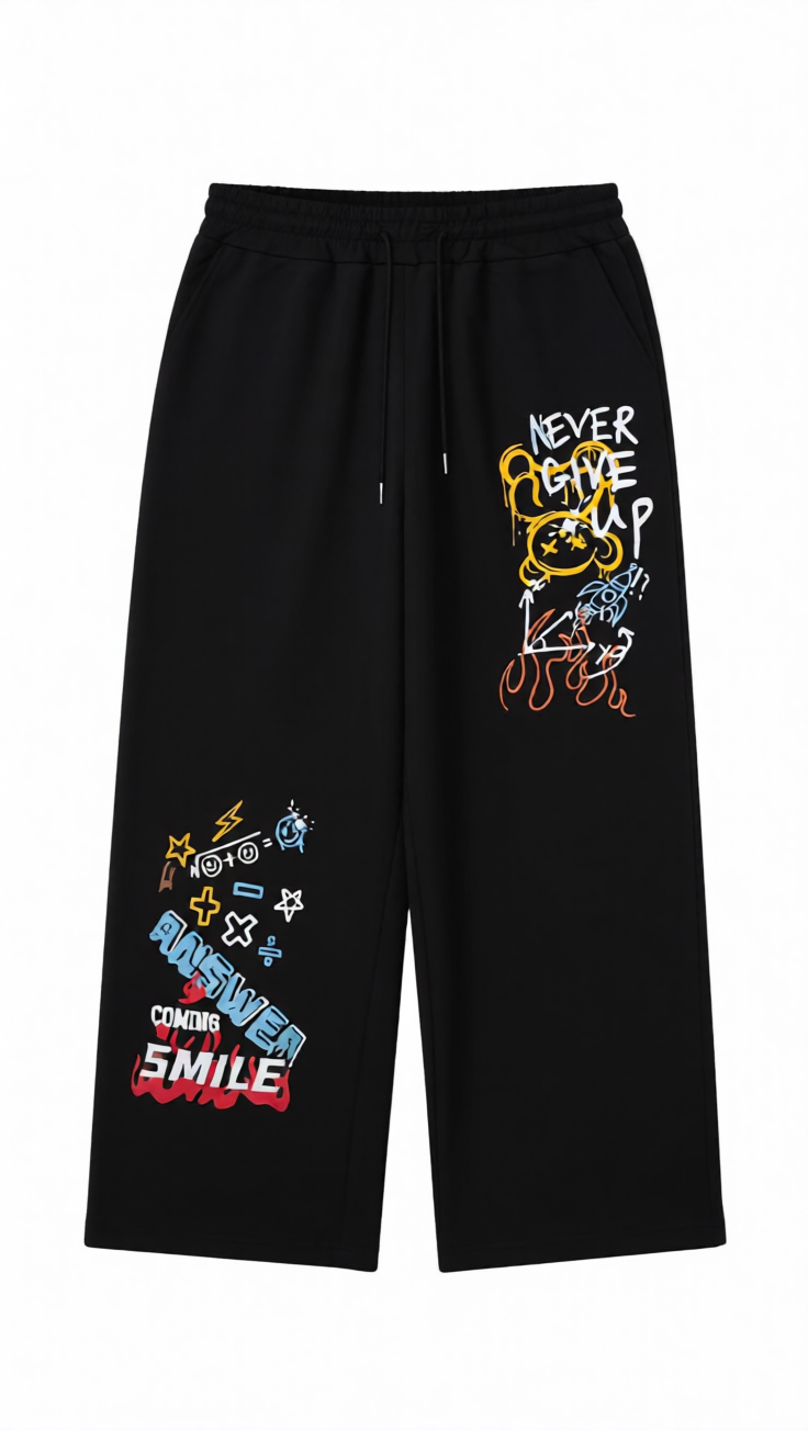 Black Graffiti Cartoon Print Sweatpants | Casual Wide-Leg Streetwear Pants