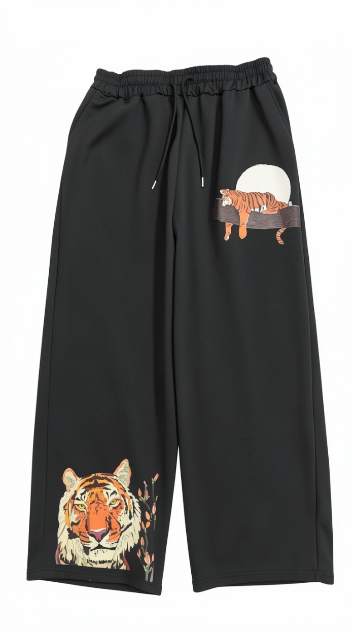 Black Sweatpants with Tiger Print | Oriental Style Wide-Leg Casual Pants