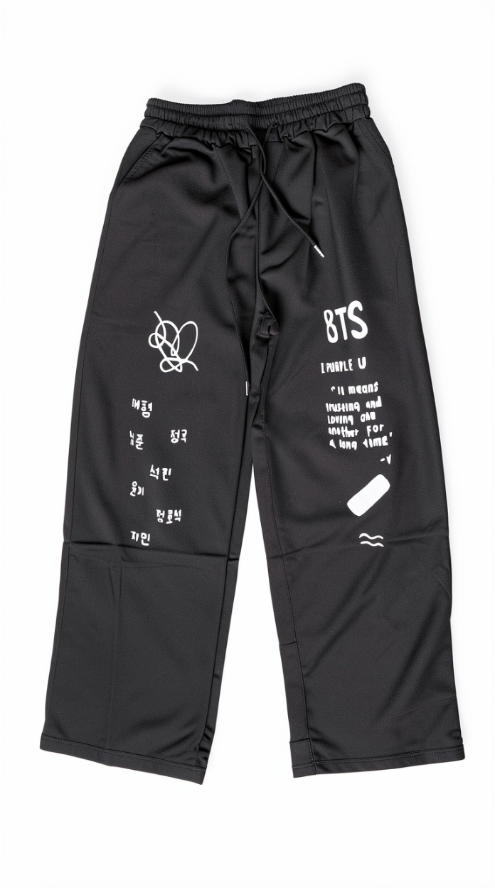Black BTS Fan Print Sweatpants | K-Pop Casual Wide-Leg Trousers