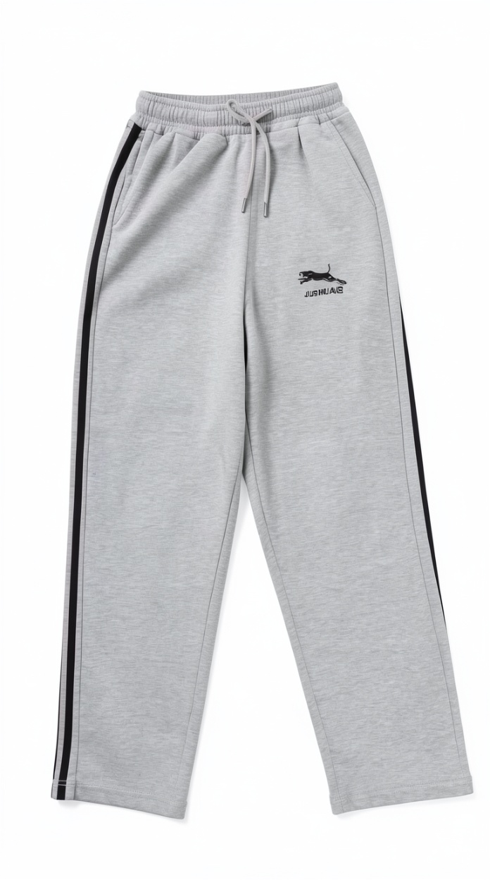Light Grey Side Stripe Sweatpants with Leopard Logo | Casual Wide-Leg Trousers