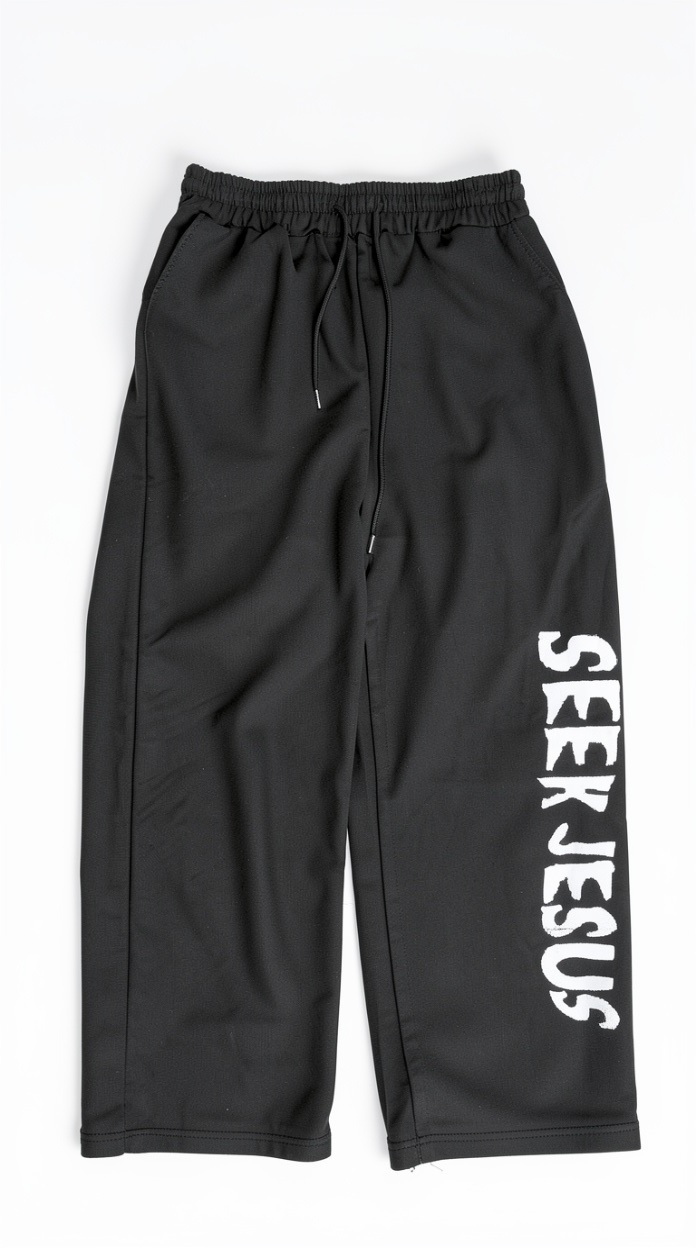 Black Sweatpants with "SEEK JESUS" Print | Streetwear Wide-Leg Casual Pant