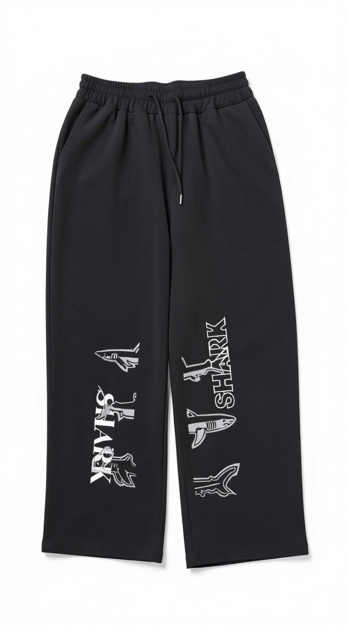 Black Sweatpants with Shark Print | Streetwear Wide-Leg Casual Pants