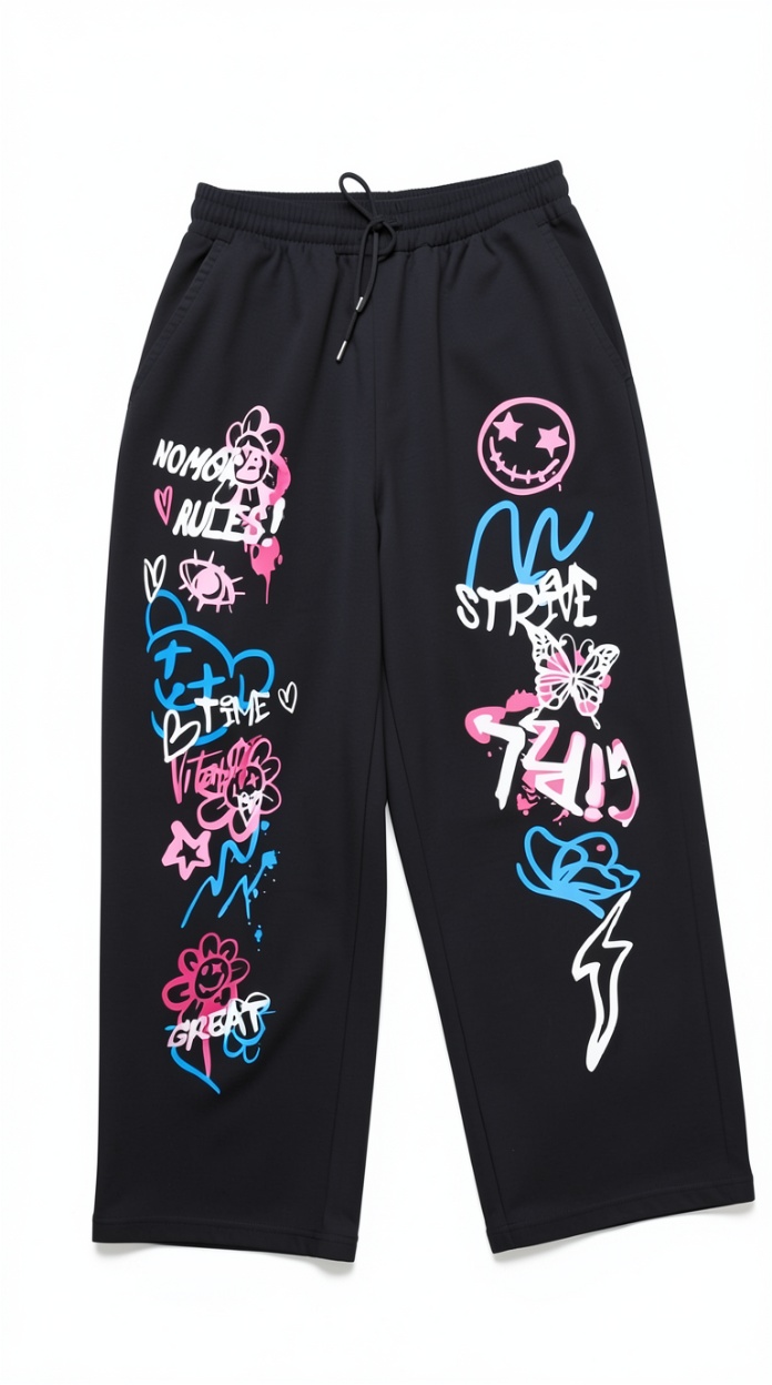 Black Sweatpants with Pink & Blue Graffiti Print | Streetwear Wide-Leg Casual Pants