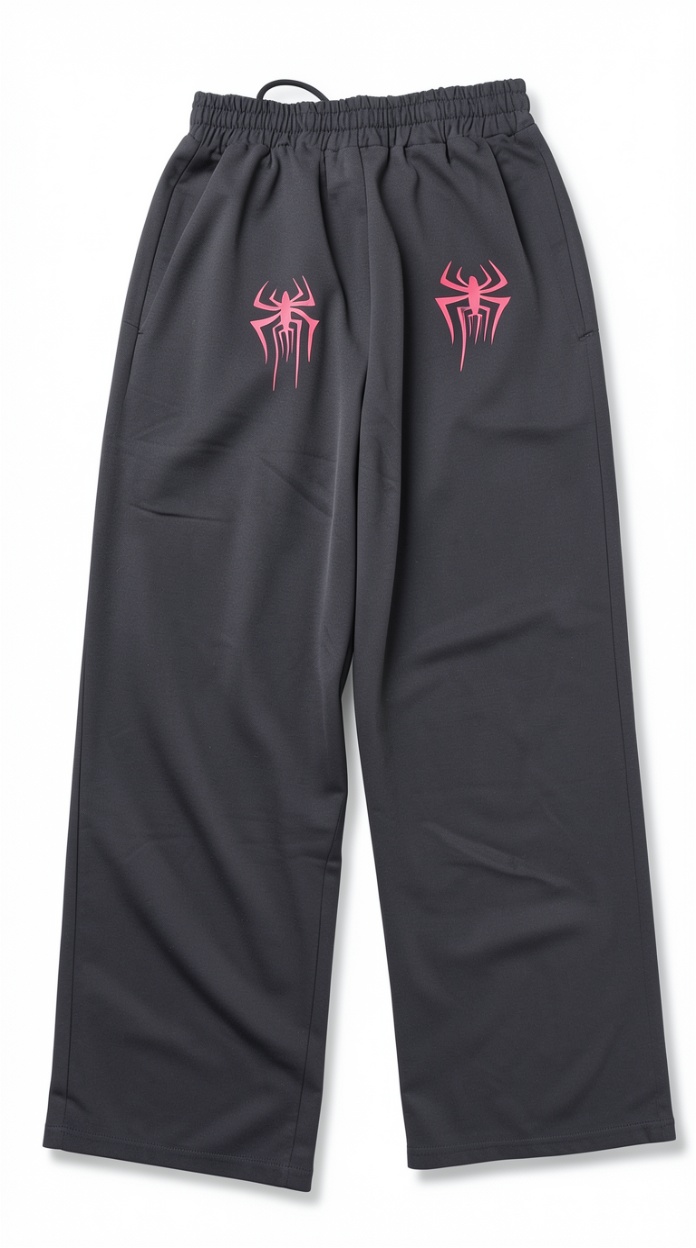 Dark Grey Sweatpants with Pink Spider Print | Streetwear Wide-Leg Casual Pants