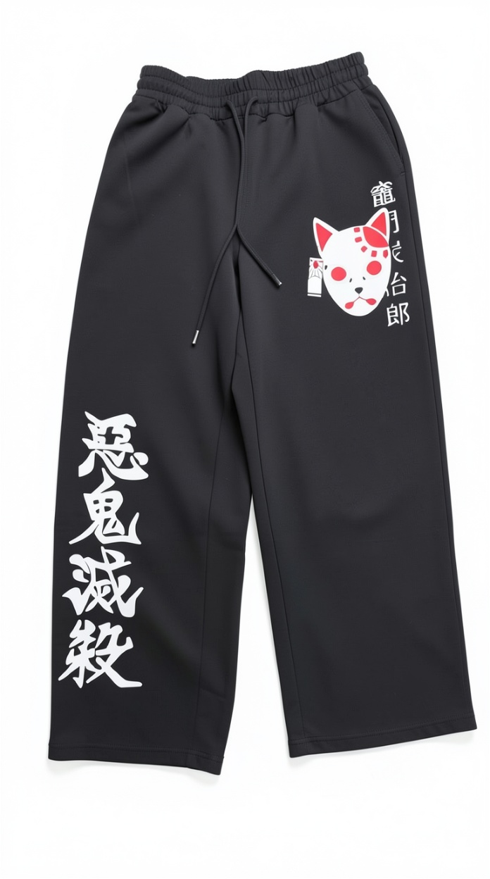 Black Demon Slayer Print Sweatpants | Anime Streetwear Wide-Leg Casual Pants