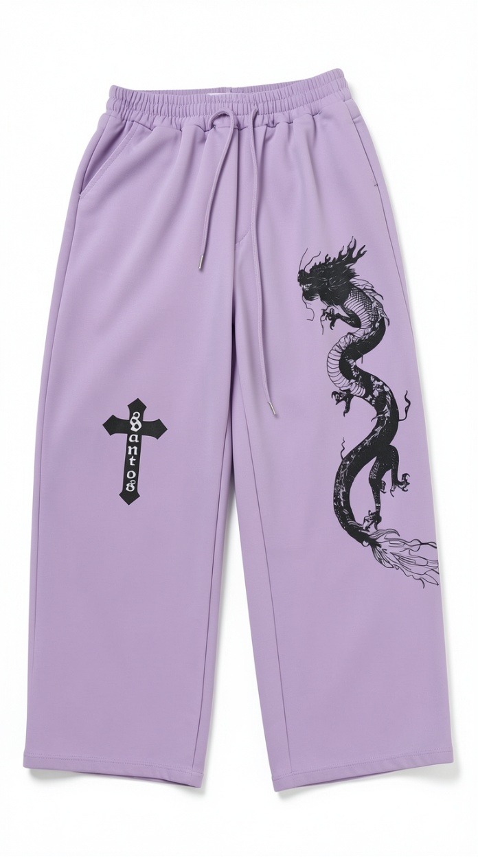 Light Purple Sweatpants with Dragon & Cross Print | Oriental Streetwear Wide-Leg Pants