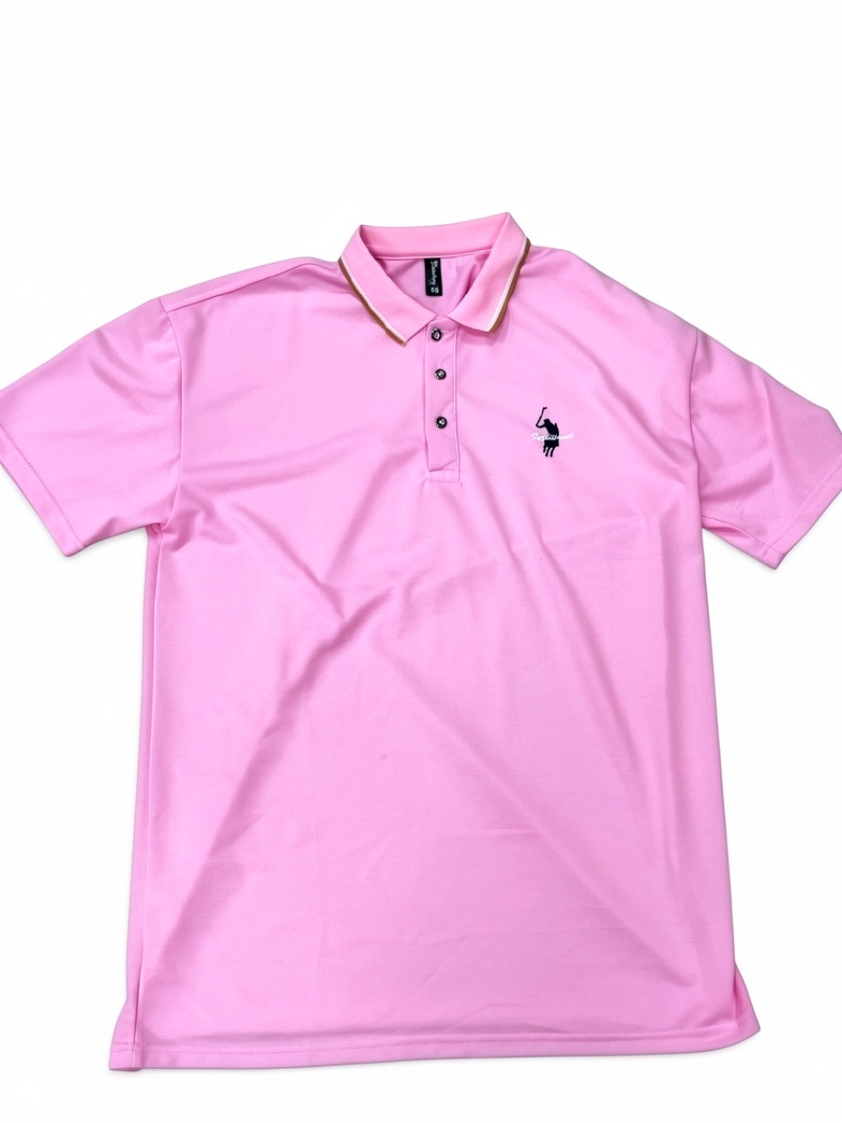Men's Pink Pique Polo Shirt, Short Sleeve Casual Golf Shirt with Tipped Collar
