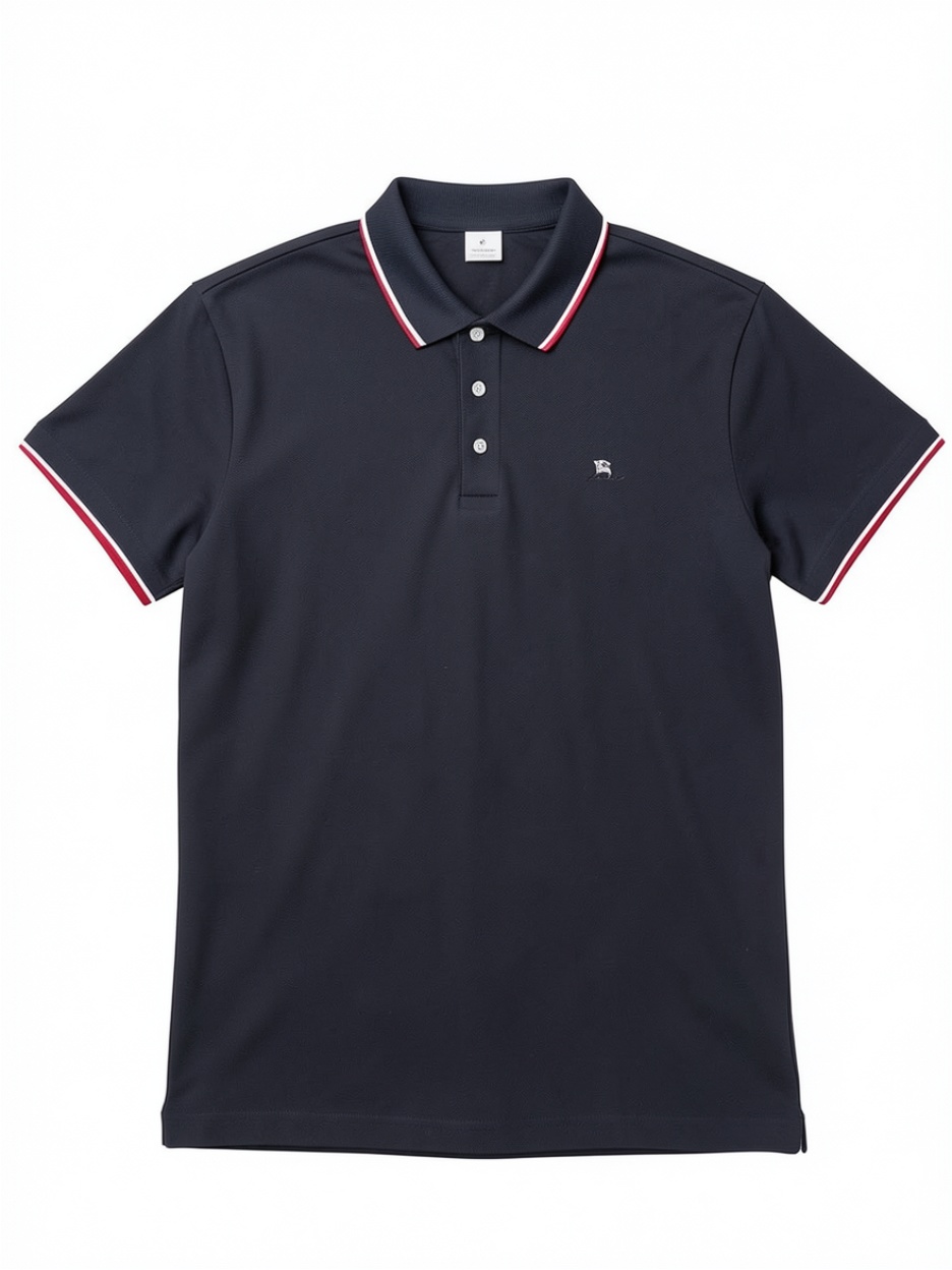 Men's Navy Blue Tipped Pique Polo Shirt, Short Sleeve Casual Golf Shirt with Logo 变体标题（引流版）