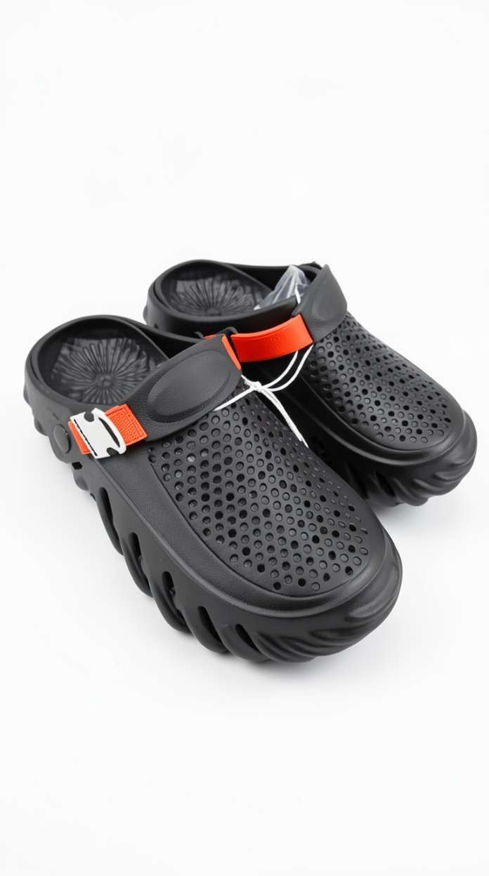 Men's Black & Orange Color Block Platform Clogs, Breathable Non-Slip EVA Garden Shoes with Adjustable Strap