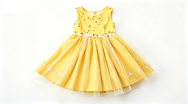Girls' Sleeveless Yellow Embroidered Tulle Princess Party Dress with Floral Appliques