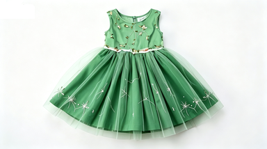 Girls' Sleeveless Green Embroidered Tulle Princess Party Dress with Floral Appliques