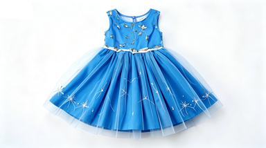 Girls' Sleeveless Blue Embroidered Tulle Princess Party Dress with Floral Appliques