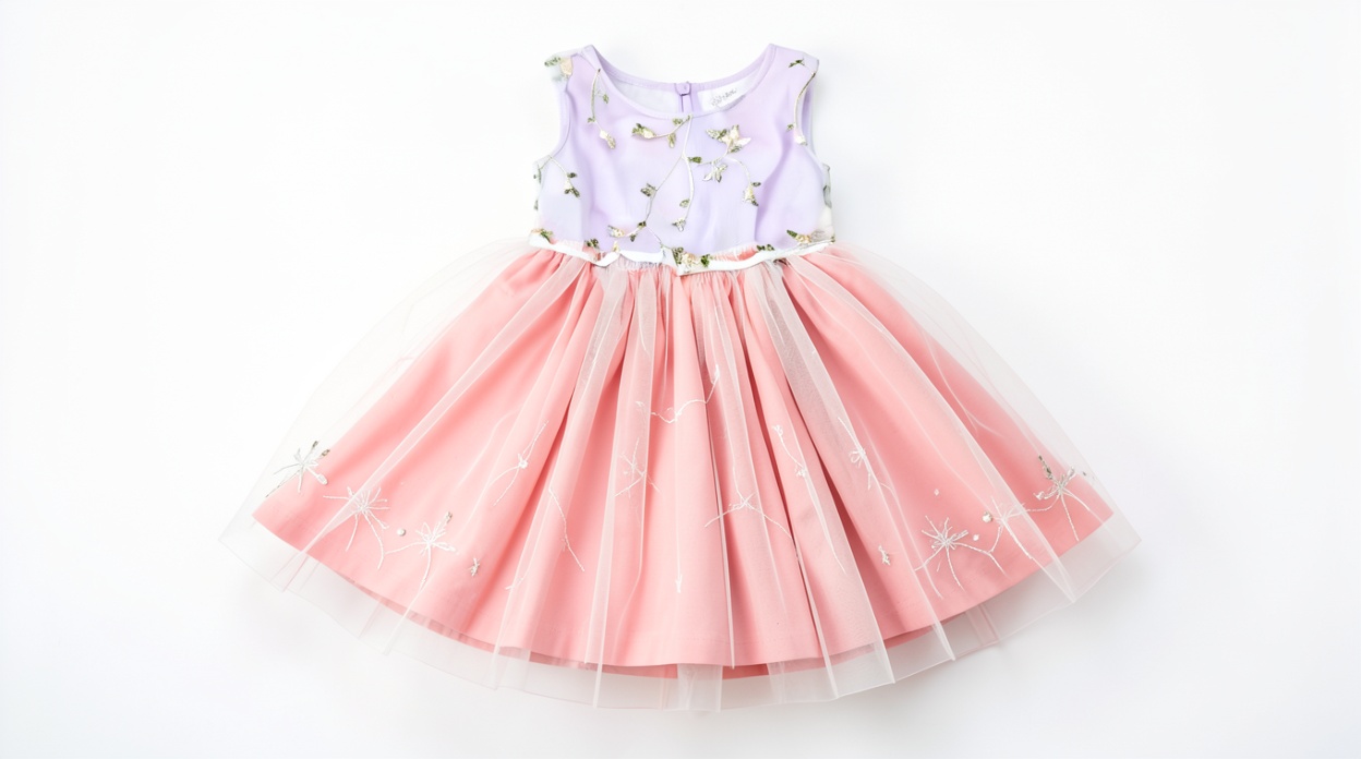 Girls' Sleeveless Purple & Pink Color Block Embroidered Tulle Princess Party Dress