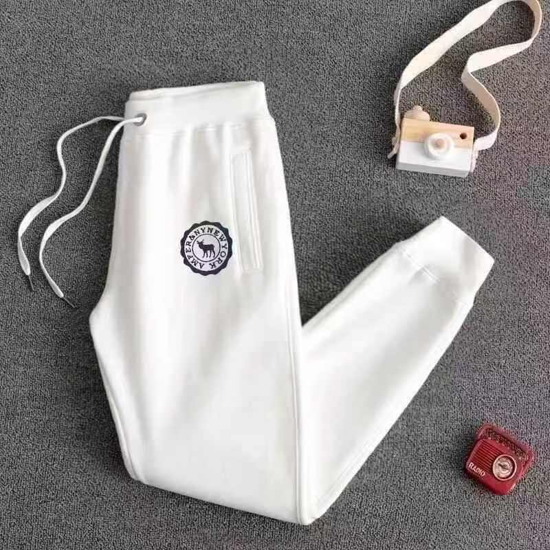 Men's White Jogger Sweatpants with Retro Deer Logo Embroidery, Casual Athletic Pants with Drawstring Waist & Side Pockets