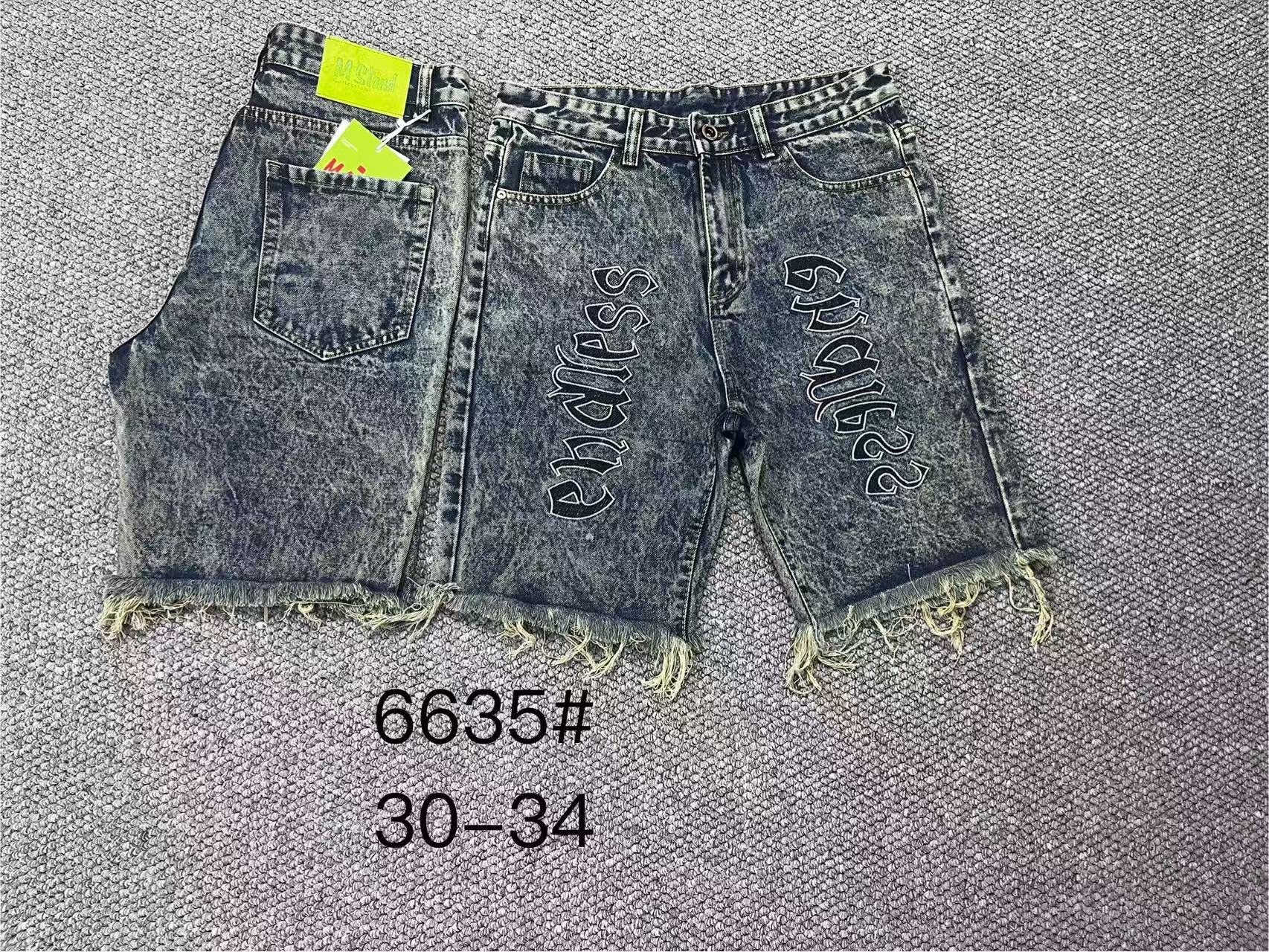 Men's Snow Wash Denim Shorts with Gothic Embroidery, Frayed Hem Streetwear Jean Shorts