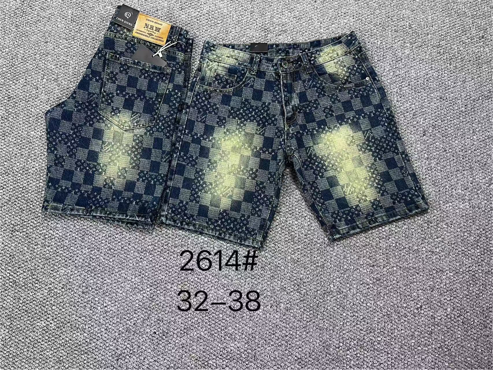 Men's Checkerboard Monogram Denim Shorts, Vintage Washed Straight-Leg Jean Shorts